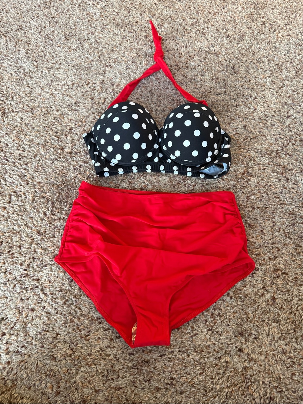 Retro Polka Dot Bikini Top with High-Waist Red Bottoms